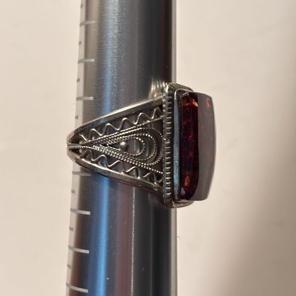 Vintage Men’s Lithuanian Baltic Amber Silver Tone Ornate Square Ring Size 11 - Picture 4 of 4